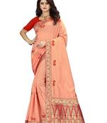 Peach hand woven banarasi silk saree with blouse