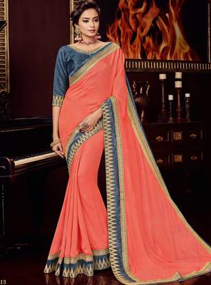 Peach embroidered silk saree with blouse 1