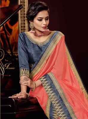 Peach embroidered silk saree with blouse 2