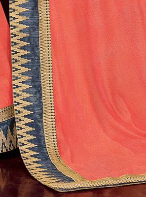 Peach embroidered silk saree with blouse 4