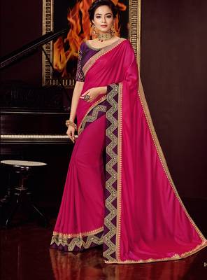Rani pink embroidered silk saree with blouse 1