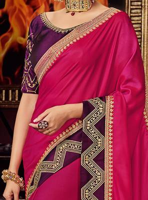 Rani pink embroidered silk saree with blouse 3
