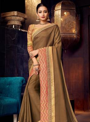 Brown embroidered silk saree with blouse 1