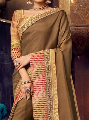 Brown embroidered silk saree with blouse 3