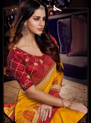 Yellow embroidered silk saree with blouse 2