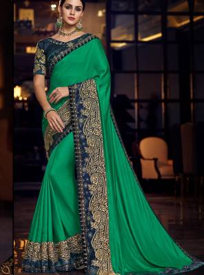 Green embroidered silk saree with blouse 1