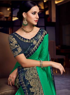 Green embroidered silk saree with blouse 2