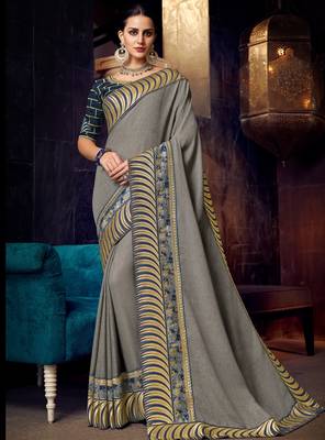 Grey embroidered linen saree with blouse 1