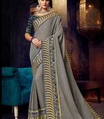 Grey embroidered linen saree with blouse