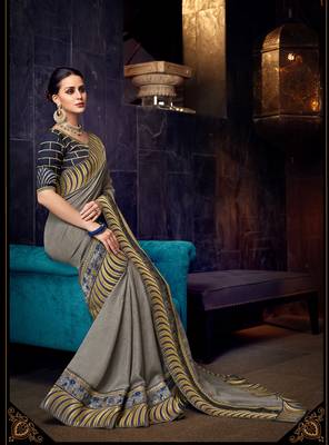 Grey embroidered linen saree with blouse 2