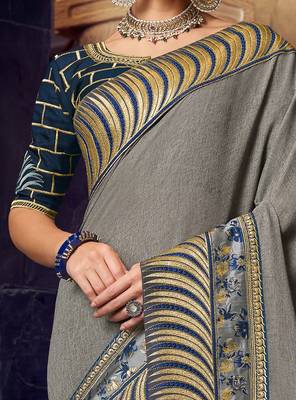 Grey embroidered linen saree with blouse 3
