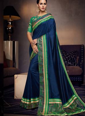 Navy blue embroidered silk saree with blouse 1