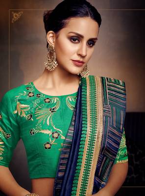 Navy blue embroidered silk saree with blouse 2