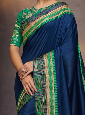 Navy blue embroidered silk saree with blouse 3