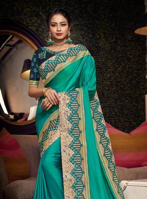 Green embroidered silk saree with blouse 1