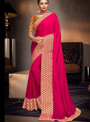 Rani pink embroidered silk saree with blouse 1