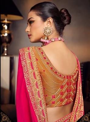 Rani pink embroidered silk saree with blouse 2