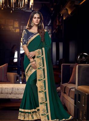 Green embroidered silk saree with blouse 1