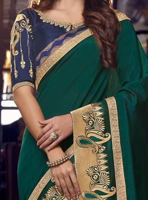 Green embroidered silk saree with blouse 4