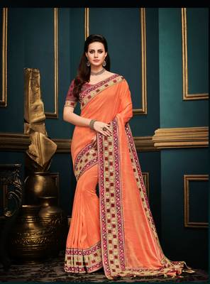 Peach embroidered silk saree with blouse 1