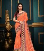 Peach embroidered silk saree with blouse