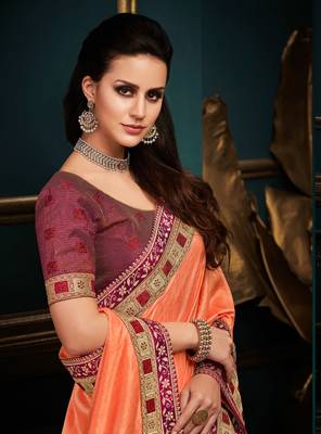 Peach embroidered silk saree with blouse 2