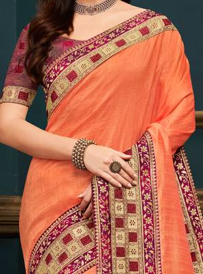 Peach embroidered silk saree with blouse 3