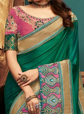 Green Embroidered Silk Blend Saree With Blouse 3