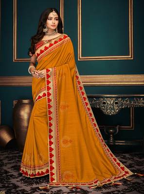 Orange embroidered silk saree with blouse 1
