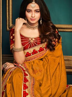 Orange embroidered silk saree with blouse 2