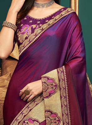 Purple embroidered silk saree with blouse 3