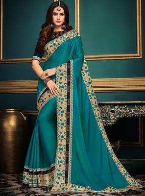 Dark blue embroidered silk saree with blouse 1