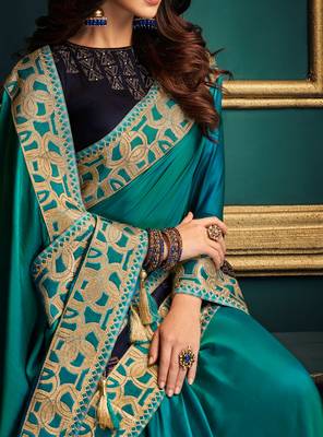 Dark blue embroidered silk saree with blouse 2