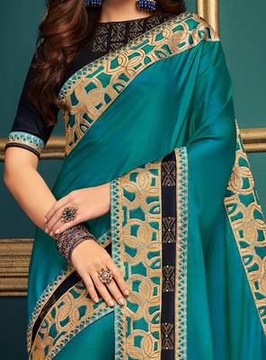 Dark blue embroidered silk saree with blouse 3