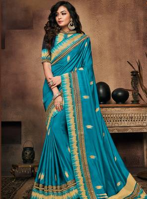Blue embroidered silk saree with blouse 1