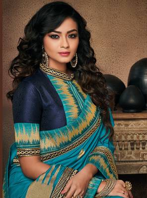 Blue embroidered silk saree with blouse 2
