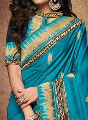 Blue embroidered silk saree with blouse 3