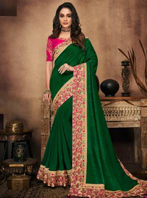 Green Embroidered Silk Blend Saree With Blouse 1