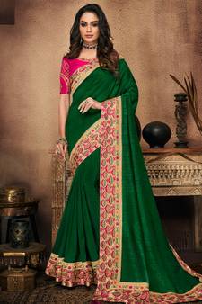 Green Embroidered Silk Blend Saree With Blouse