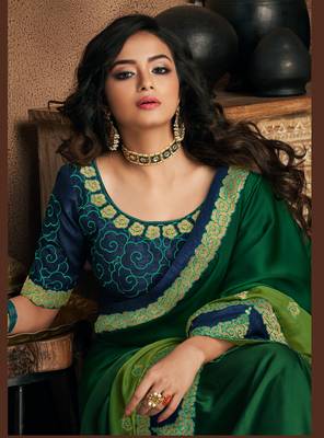 Green embroidered silk saree with blouse 2