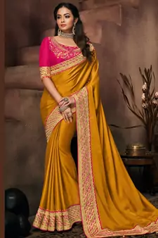 Yellow Embroidered Silk Blend Saree With Blouse