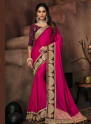 Rani pink embroidered silk saree with blouse 1