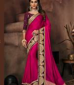 Rani pink embroidered silk saree with blouse