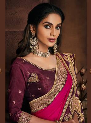 Rani pink embroidered silk saree with blouse 2