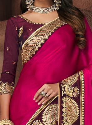 Rani pink embroidered silk saree with blouse 3