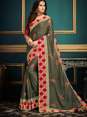 Green embroidered crepe saree with blouse 1