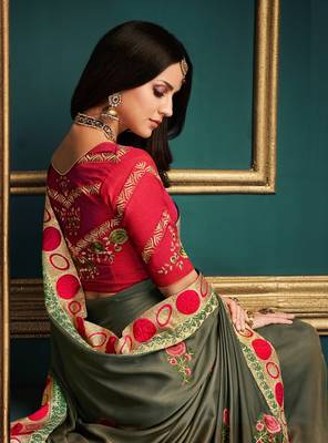 Green embroidered crepe saree with blouse 2