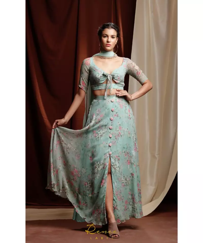 turquoise embroidered georgette readymade lehenga cholis
