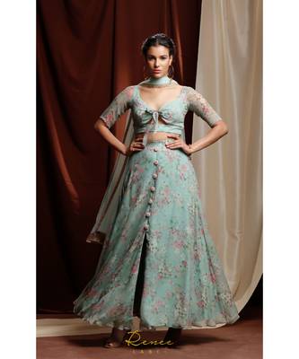 turquoise embroidered georgette readymade lehenga cholis 2