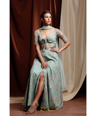 turquoise embroidered georgette readymade lehenga cholis 3